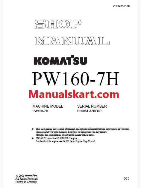Komatsu PW160-7K Wheeled Excavator Pdf Repair Service Manual Sn K40001 and UP
