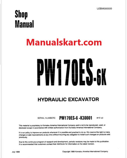 Komatsu PW170ES-6 Hydraulic Excavator Pdf Repair Service Manual Sn K30001 and UP
