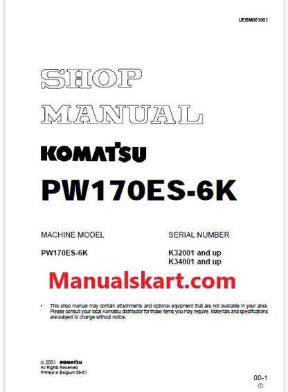 Komatsu PW170ES-6K Hydraulic Excavator Pdf Repair Service Manual Sn K32001 and UP