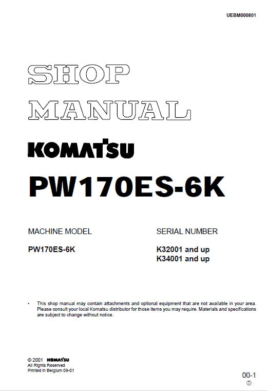 Komatsu PW170ES-6K Wheel Excavator Pdf Shop Repair Service Manual (Sn K32001 & Up)