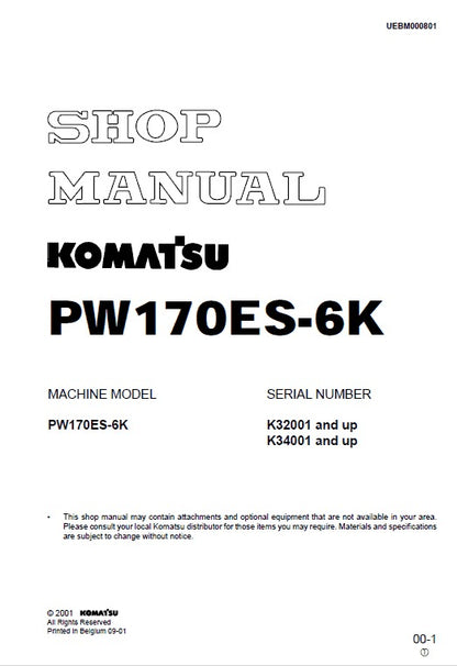 Komatsu PW170ES-6K Wheel Excavator Pdf Shop Repair Service Manual (Sn K34001 & Up)