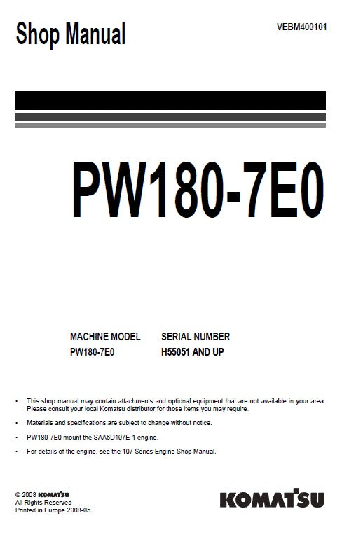 Komatsu PW180-7E0 Wheel Excavator Pdf Shop Repair Service Manual (Sn H55051 & Up)