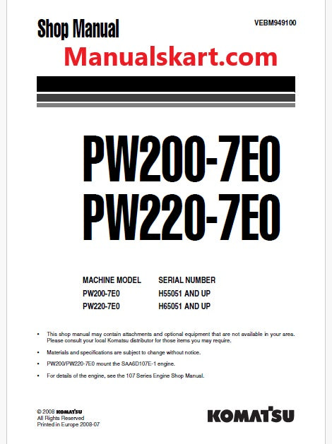 Komatsu PW200-7E0 Hydraulic Excavator Pdf Repair Service Manual Sn H55051 and UP