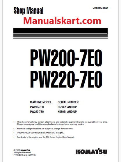 Komatsu PW200-7E0 Hydraulic Excavator Pdf Repair Service Manual Sn H55051 and UP