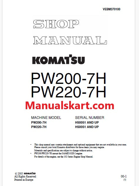 Komatsu PW200-7H, PW220-7H Hydraulic Excavator Pdf Repair Service Manual Sn H50051 and UP
