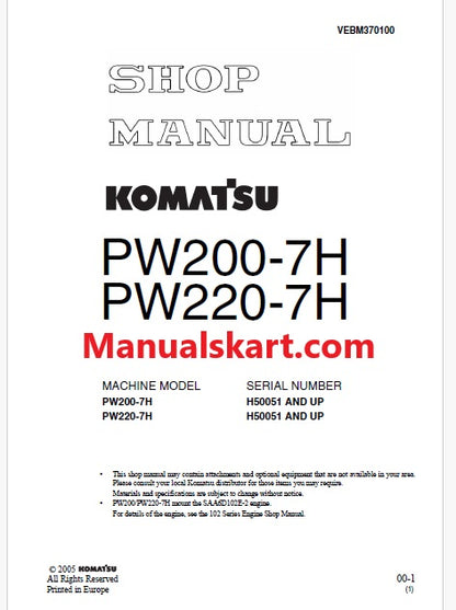 Komatsu PW200-7H, PW220-7H Hydraulic Excavator Pdf Repair Service Manual Sn H50051 and UP