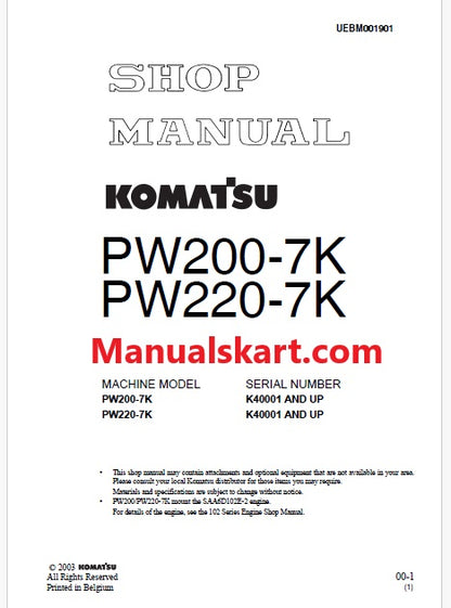 Komatsu PW200-7K, PW220-7K Hydraulic Excavator Pdf Repair Service Manual Sn K40001 and UP