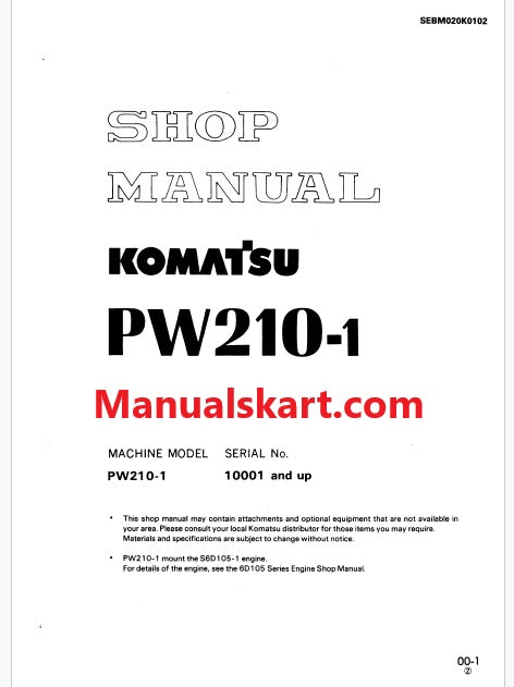 Komatsu PW210-1 Hydraulic Excavator Pdf Repair Service Manual Sn 10001 and UP