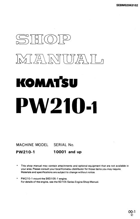 Komatsu PW210-1 Wheeled Hydraulic Excavator Pdf Shop Repair Service Manual (Sn 10001 And Up)