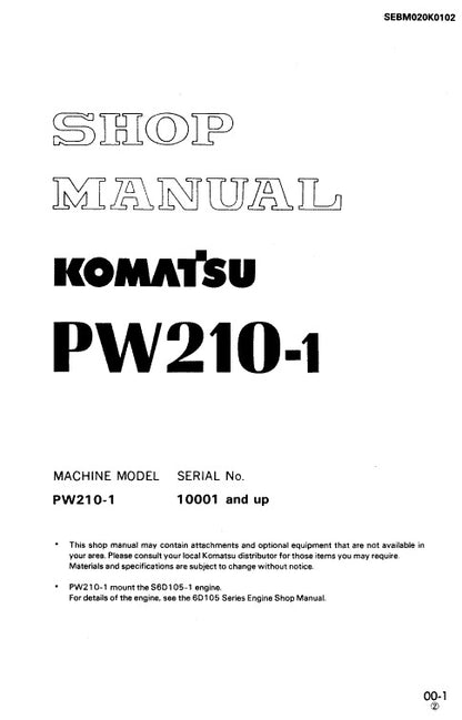 Komatsu PW210-1 Wheeled Hydraulic Excavator Pdf Shop Repair Service Manual (Sn 10001 And Up)