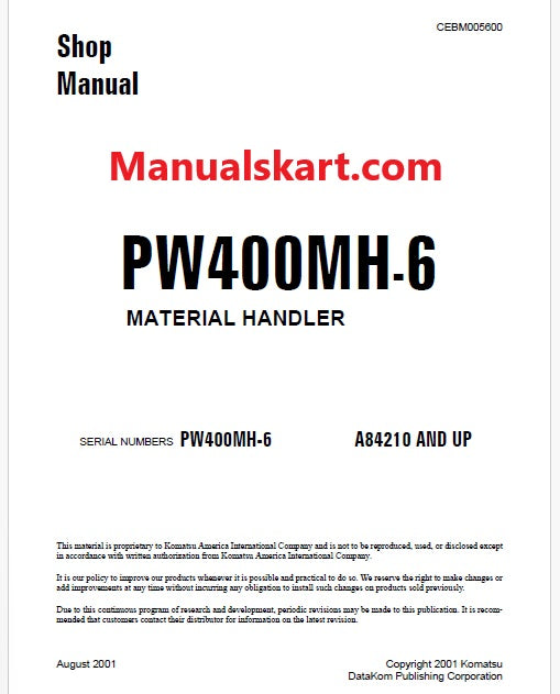 Komatsu PW400MH-6 Material Handler Pdf Repair Service Manual Sn A84210 and UP