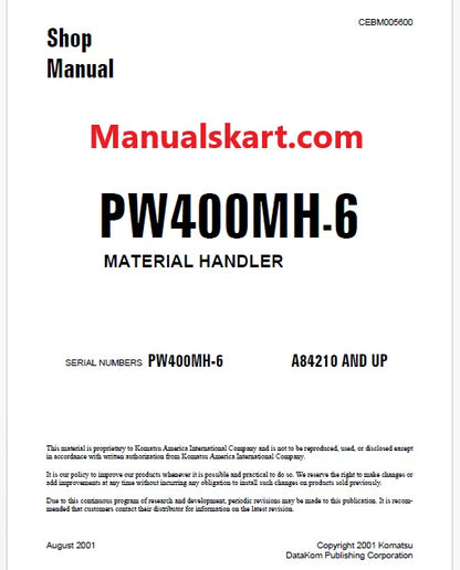 Komatsu PW400MH-6 Material Handler Pdf Repair Service Manual Sn A84210 and UP