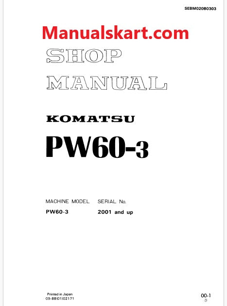 Komatsu PW60-3 Wheeled Excavator Pdf Repair Service Manual Sn 2001 and UP