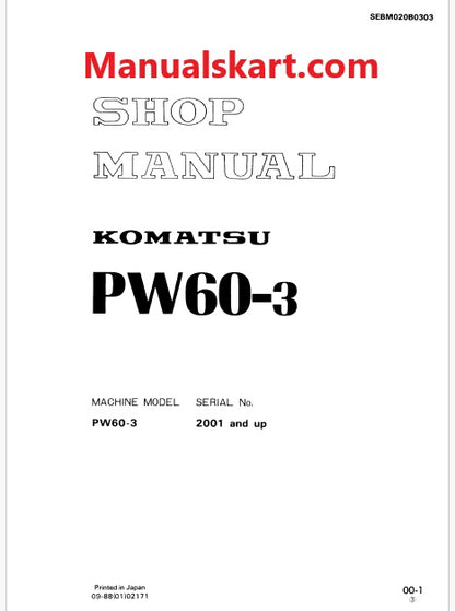 Komatsu PW60-3 Wheeled Excavator Pdf Repair Service Manual Sn 2001 and UP