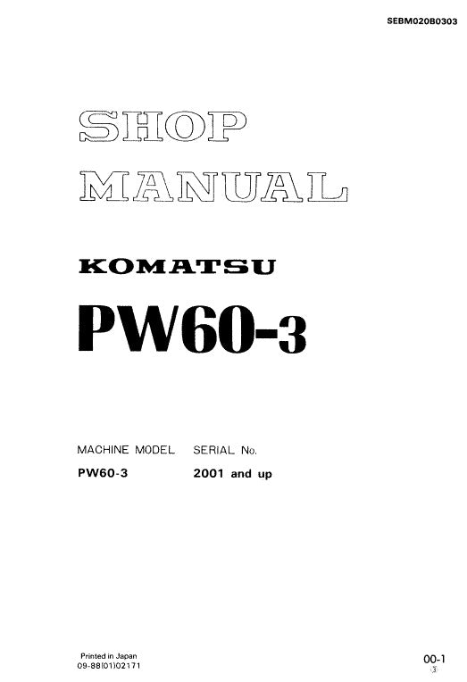 Komatsu PW60-3 Wheeled Hydraulic Excavator Pdf Shop Repair Service Manual (Sn 2001 And Up)