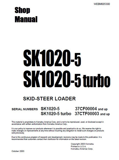 Komatsu SK1020-5, SK1020-5 Turbo Skid Steer Loader Pdf Shop Repair Service Manual