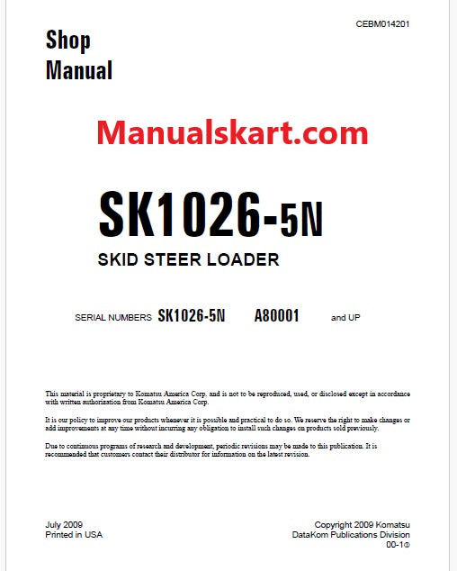 Komatsu SK1026-5N Skid Steer Loader Pdf Repair Service Manual Sn A80001 and UP