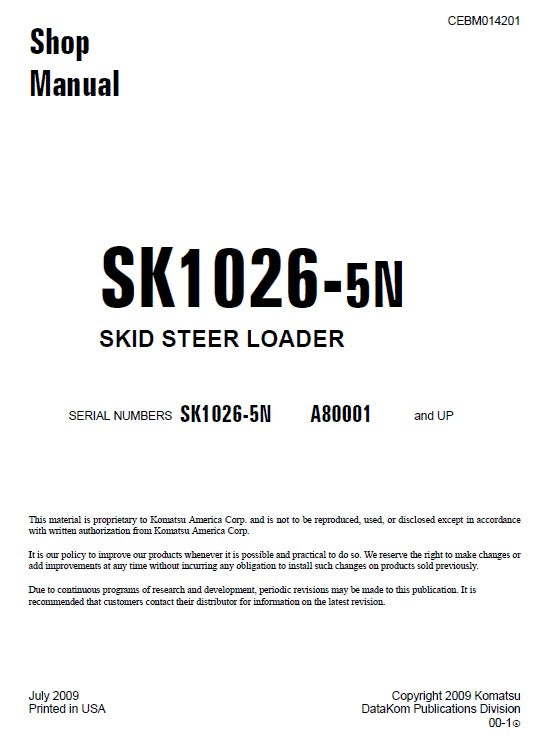 Komatsu SK1026-5N Skid Steer Loader Pdf Shop Repair Service Manual (Sn A80001 And UP)