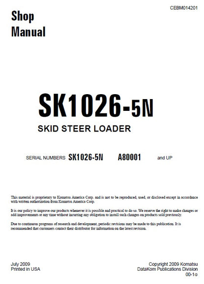 Komatsu SK1026-5N Skid Steer Loader Pdf Shop Repair Service Manual (Sn A80001 And UP)