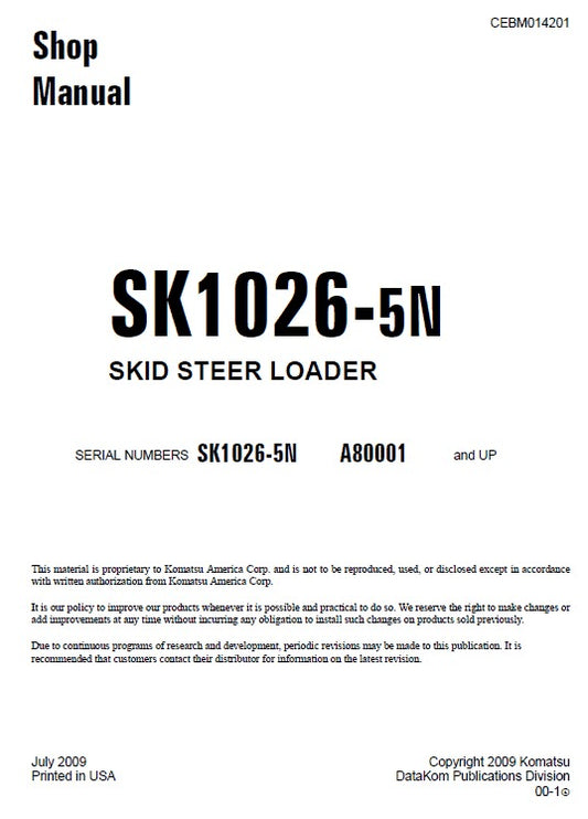 Komatsu SK1026-5N Skid Steer Loader Pdf Shop Repair Service Manual (Sn A80001 And UP)