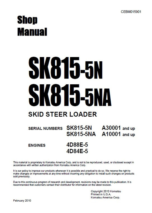 Komatsu SK815-5N, SK815-5NA Skid Steer Loader Pdf Shop Repair Service Manual