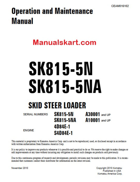 Komatsu SK815-5N Skid Steer Loader Pdf Operation and Maintenance Manual