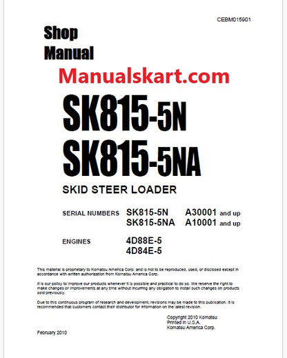 Komatsu SK815-5N Skid Steer Loader Pdf Repair Service Manual Sn A30001 and UP