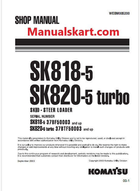 Komatsu SK820-5 turbo  Skid Steer Loader Pdf Repair Service Manual Sn 37BTF50003 and UP