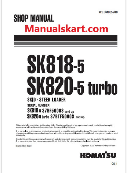 Komatsu SK818-5 Skid Steer Loader Pdf Repair Service Manual Sn 37BF50003 and UP