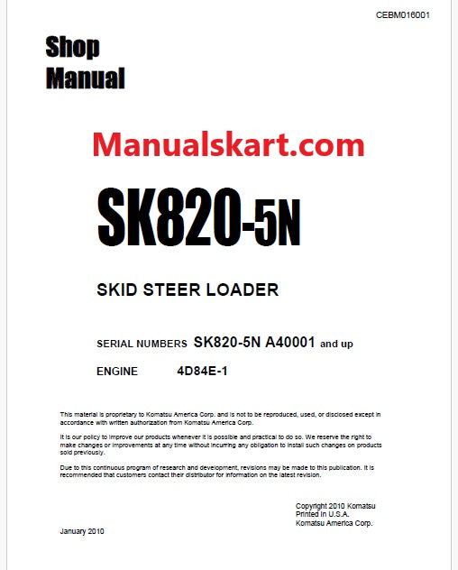 Komatsu SK820-5N Skid Steer Loader Pdf Repair Service Manual Sn A40001 and UP