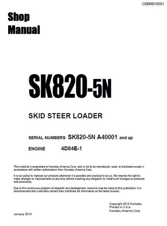 Komatsu SK820-5N Skid Steer Loader Pdf Shop Repair Service Manual (Sn A40001 And Up)