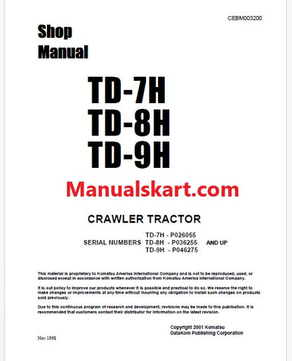 Komatsu TD-7H Crawler Tractor/Bulldozer Pdf Repair Service Manual Sn P026055 and UP