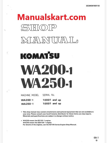 Komatsu VVA200-1, WA250-1 Wheel Loader Pdf Repair Service Manual Sn 10001 and UP