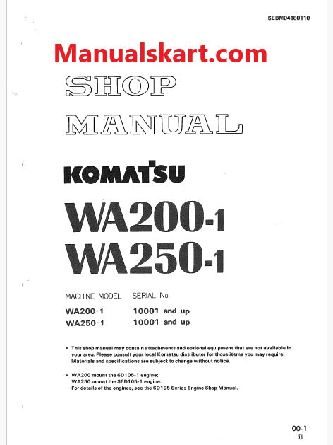 Komatsu VVA200-1, WA250-1 Wheel Loader Pdf Repair Service Manual Sn 10001 and UP