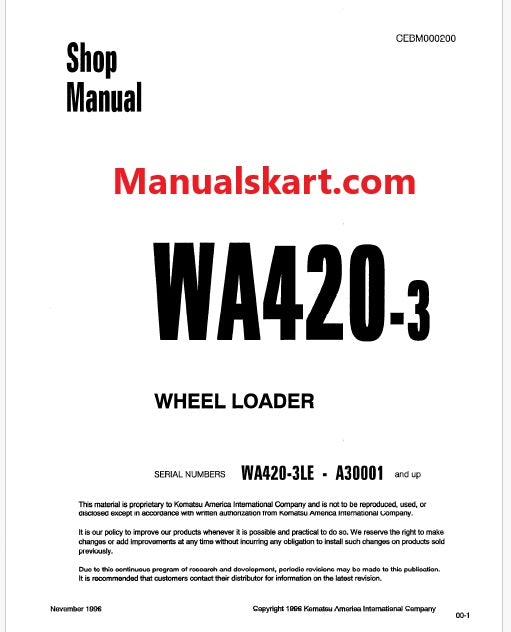 Komatsu VVA420-3 LE Wheel Loader Pdf Repair Service Manual Sn A30001 and UP