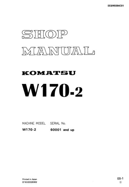 Komatsu W170-2 Wheel Loader Pdf Shop Repair Service Manual Sn 60001 And Up