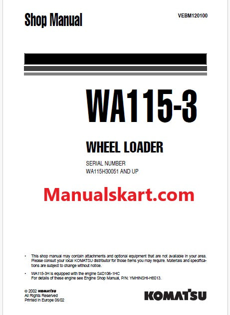 Komatsu WA115-3 Wheel Loader Pdf Repair Service Manual Sn WA115H30051 and UP