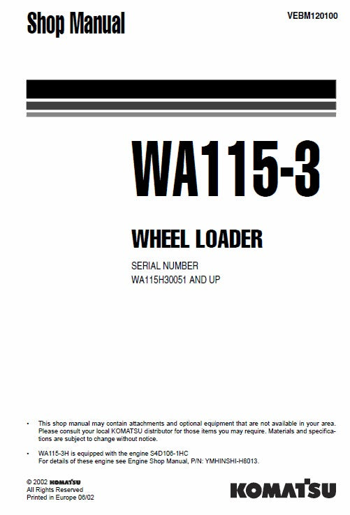 Komatsu WA115-3 Wheel Loader Pdf Shop Repair Service Manual Sn WA115H30051 And UP