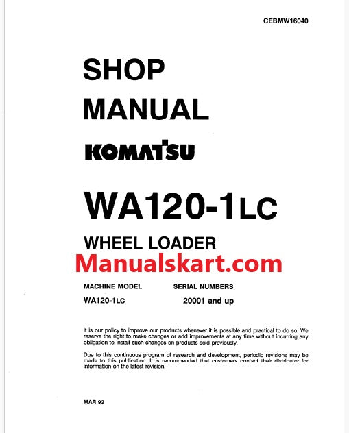 Komatsu WA120-1LC, WA120-1 LC Wheel Loader Pdf Repair Service Manual Sn 20001 and UP