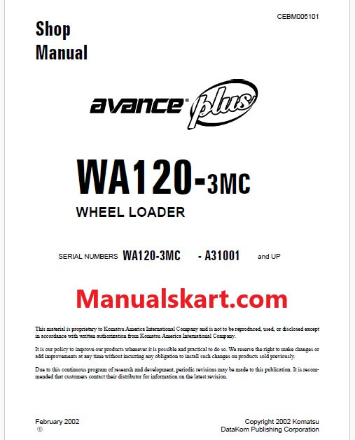 Komatsu WA120-3MC Avance Plus Wheel Loader Pdf Repair Service Manual Sn A31001 and UP