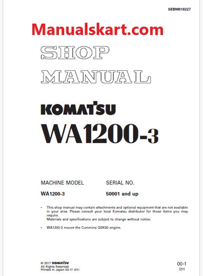 Komatsu WA1200-3 Wheel Loader Pdf Repair Service Manual Sn 50001 and UP