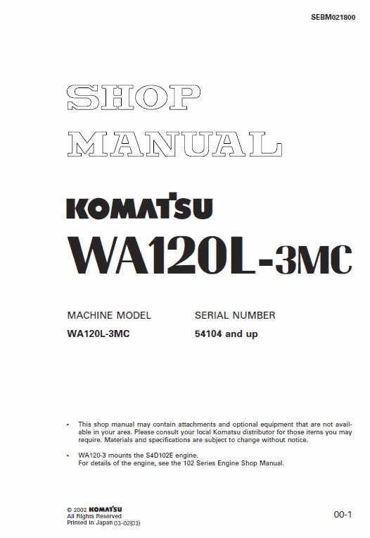 Komatsu WA120L-3, WA120L-3MC Wheel Loader Pdf Shop Repair Service Manual (Sn 54104 And Up)