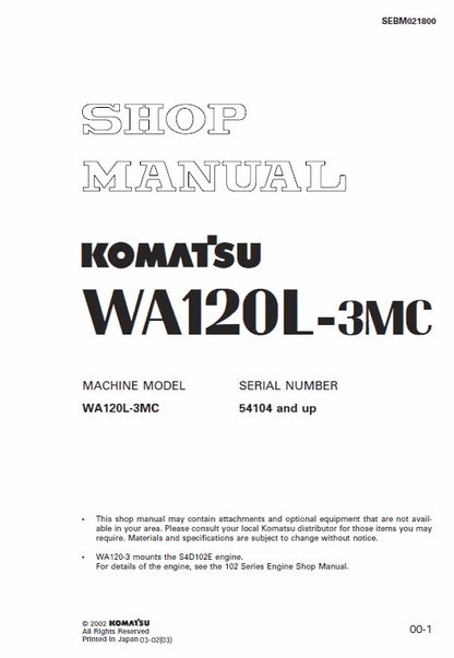 Komatsu WA120L-3, WA120L-3MC Wheel Loader Pdf Shop Repair Service Manual (Sn 54104 And Up)