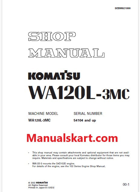 Komatsu WA120L-3MC Wheel Loader Pdf Repair Service Manual Sn 54104 and UP