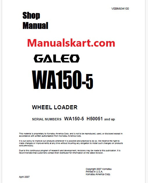 Komatsu WA150-5 Galeo Wheel Loader Pdf Repair Service Manual Sn H50051 and UP
