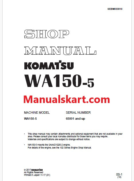 Komatsu WA150-5 Wheel Loader Pdf Repair Service Manual Sn 65001 and UP
