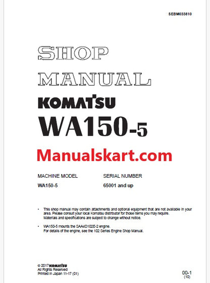 Komatsu WA150-5 Wheel Loader Pdf Repair Service Manual Sn 65001 and UP