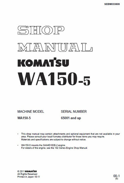 Komatsu WA150-5 Wheel Loader Pdf Shop Repair Service Manual (Sn 65001 And Up)