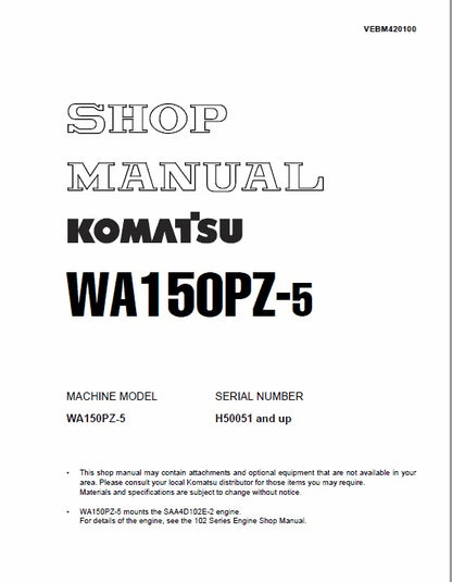 Komatsu WA150PZ-5 Wheel Loader Pdf Shop Repair Service Manual Sn H50051 And Up