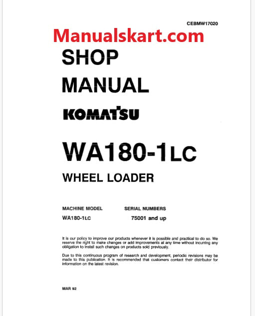 Komatsu WA180-1 LC Wheel Loader Pdf Repair Service Manual Sn 75001 and UP
